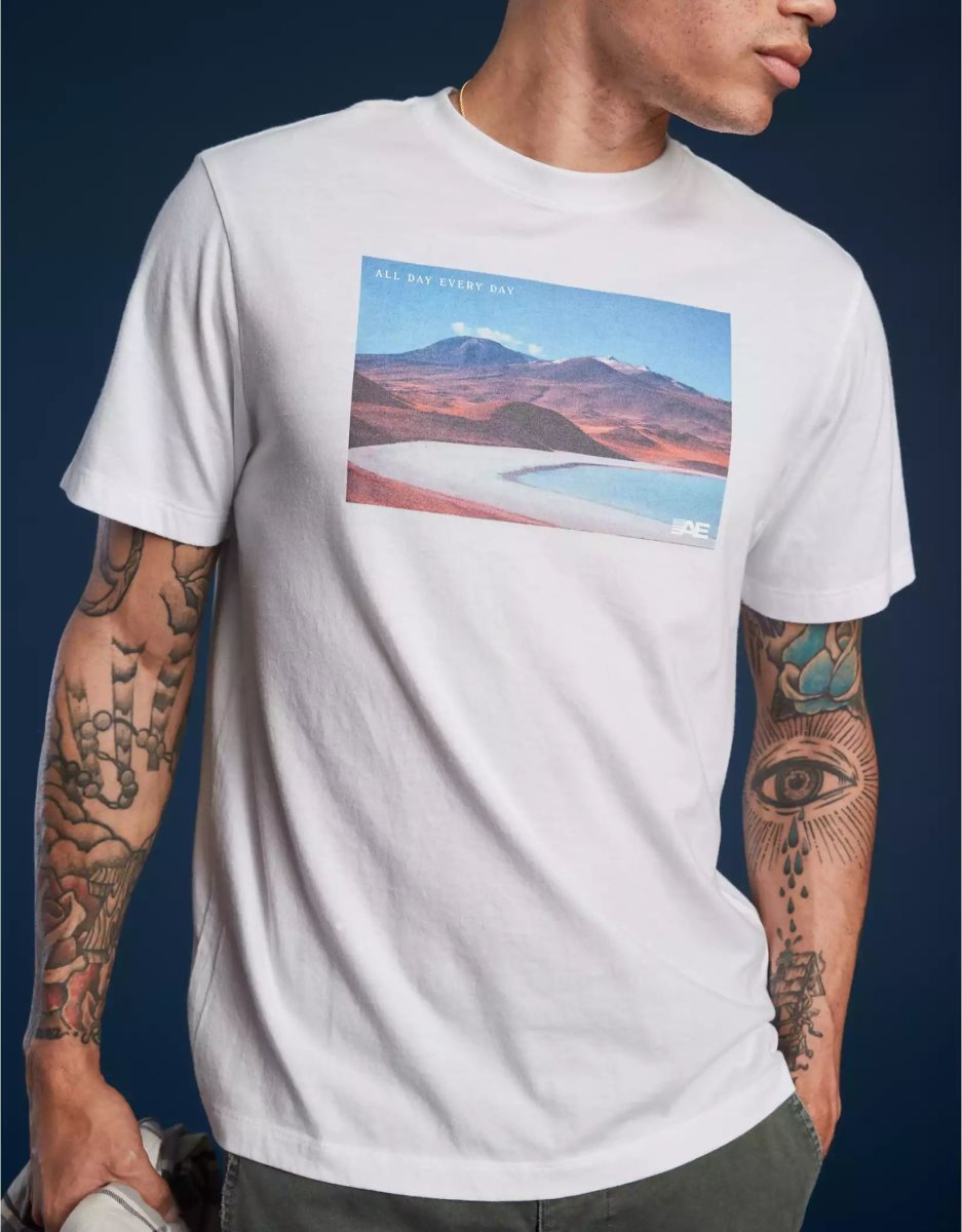 T Shirts American Eagle AE 24/7 Good Vibes Photoreal Graphique Blanche Homme | CMY-04023853